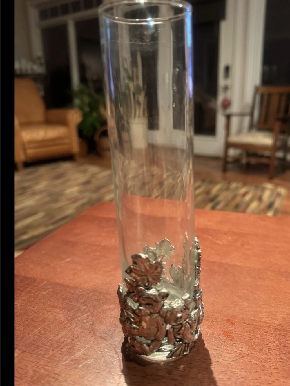 VTG Arthur Court Glass Vase Applied Aluminum Bear Cubs Clear Cylinder
